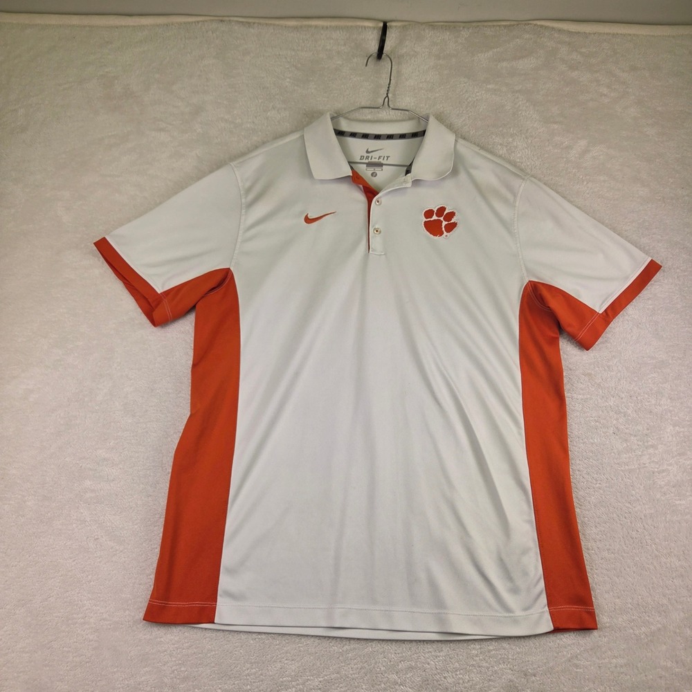 Nike Dri-FIT Clemson Tigers Polo Shirt Mens Large White Orange Paw Logo NCAA